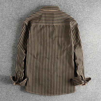 2025 Autumn and Winter New American Retro Stripe Long-Sleeve Lapel Shirt Men's Simple Fashion Washed Multi-Pocket