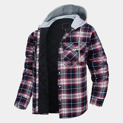 Men'S Flannel Shirt Jacket Plaid Quilted Lined Drawstring Winter Casual Coats Thick Hoodie Outwear Man Fleece Shirts Jacket