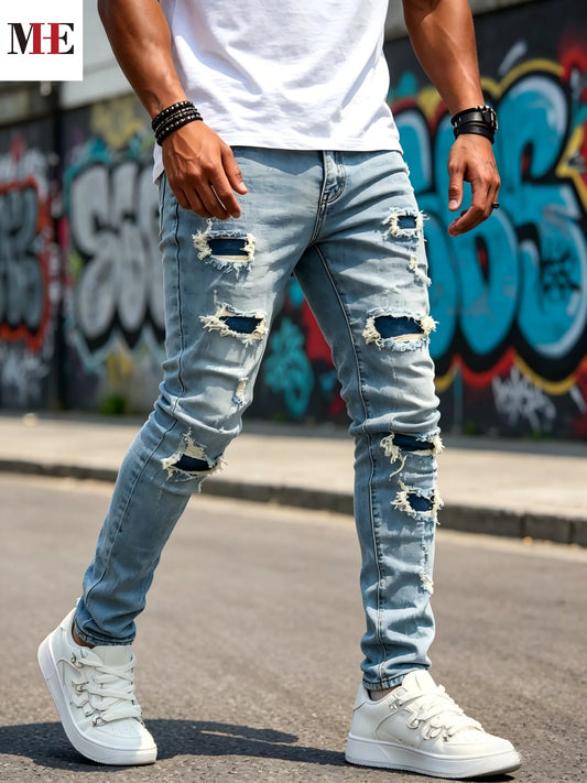 HME Men's Stretch Denim Pants, Light Blue Slim Skinny Jeans with Rips & Patches for Comfort