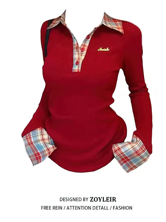 Preppy Polo Neck Plaid Long sleeve T shirt Women Fake Two-piece Basic Top V neck Button Blouses Tees Embroidery High-quality