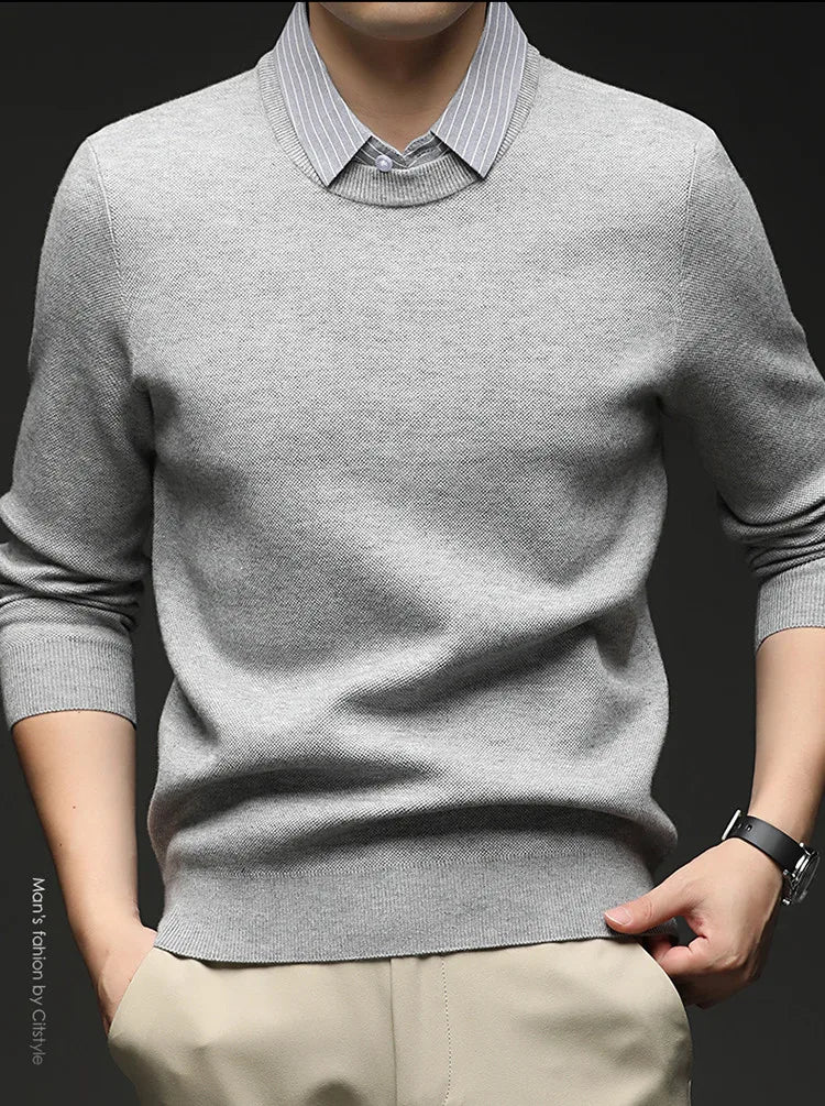 Men's 500g Wool-Blend Knit Sweater - Camel Fake Layered Collar (Black/Navy/Light Gray) Vintage Business Casual Style