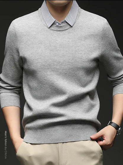 Men's 500g Wool-Blend Knit Sweater - Camel Fake Layered Collar (Black/Navy/Light Gray) Vintage Business Casual Style