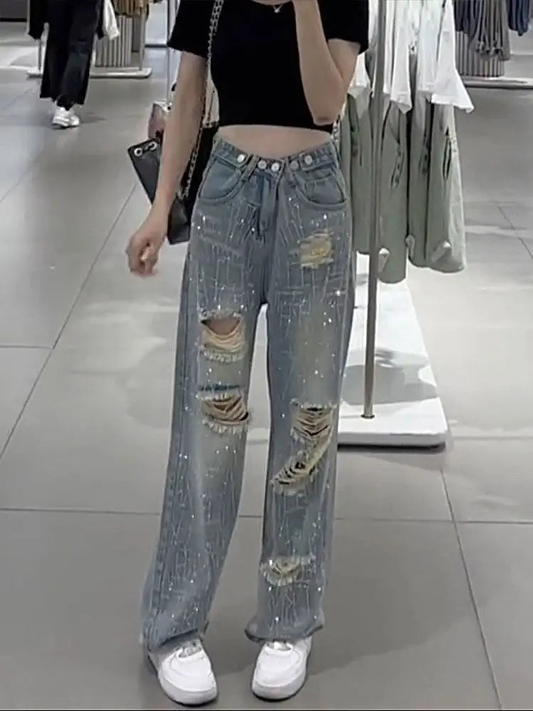 Female Cowboy Pants with Rhinestones Women's Torn Jeans High Waist Shot Wide Leg Trousers