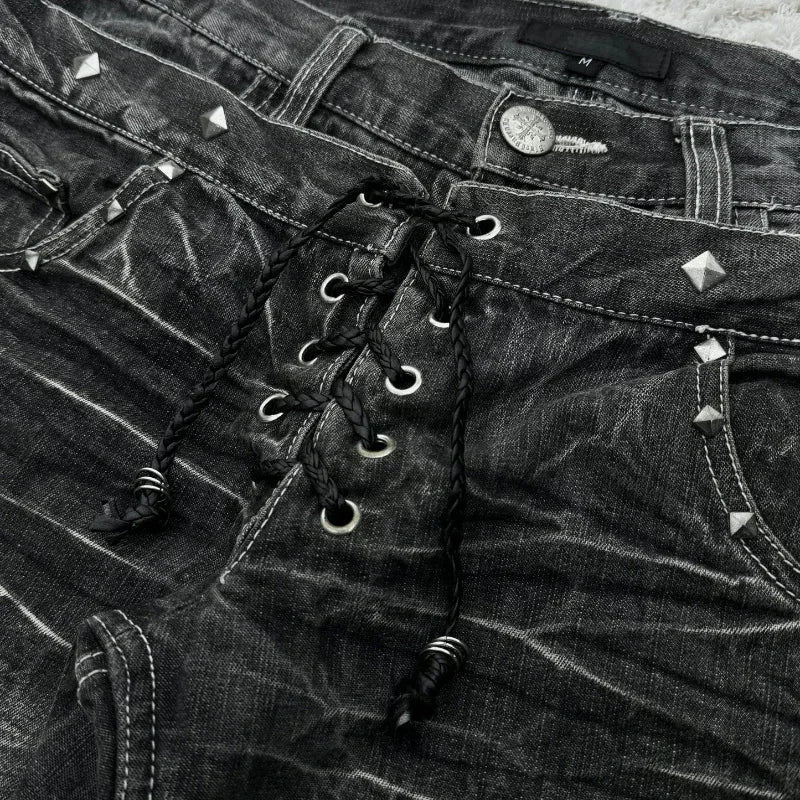 Fashionable high street double waisted lace up micro flared women jeans Y2K retro Harajuku washed design for men and women jeans