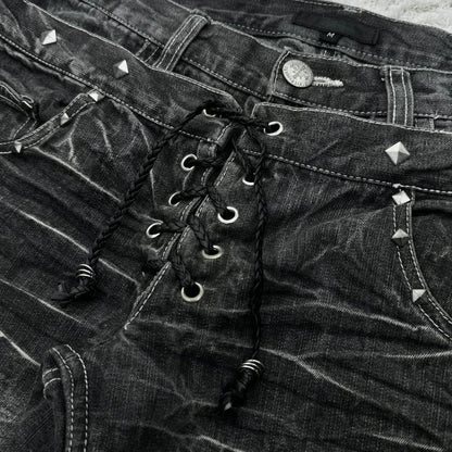 Fashionable high street double waisted lace up micro flared women jeans Y2K retro Harajuku washed design for men and women jeans