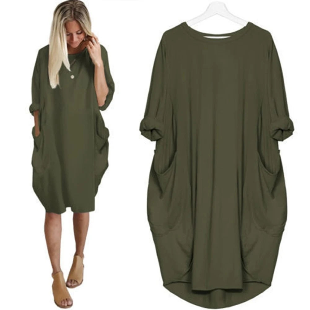 Women's summer casual fashion loose plus size solid color multi-color optional round neck long sleeved dress