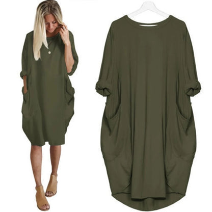 Women's summer casual fashion loose plus size solid color multi-color optional round neck long sleeved dress
