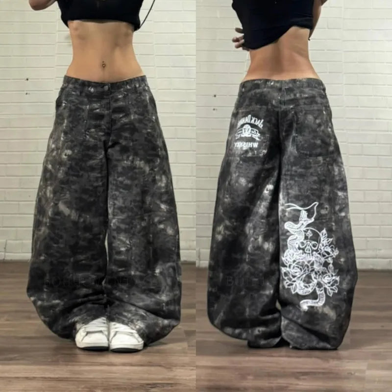 2026 American New Fashion Star Pattern Embroidery Old Jeans Women Y2K Gothic Hip-hop Casual Joker Straight Wide-leg Trousers