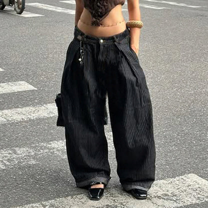 SUCHCUTE Women Striped Relaxed Fit Jeans Retro Low Rise Wide Leg Denim Pants Grunge Loose Trousers 2026 Spring Y2K Clothes 2026