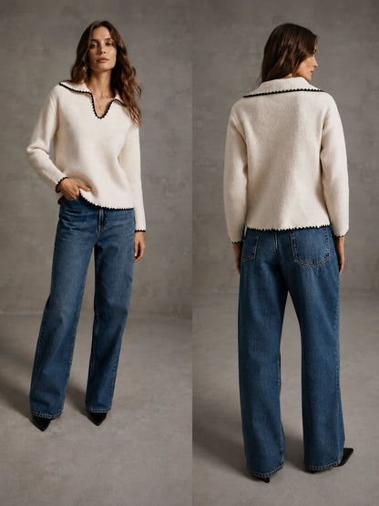 Contrast Trim Peter Pan Collar Sweater for Women, Long Sleeve V‑Neck Loose Fit Knit Pullover Top for Casual Daily Office Fall Winter Wear