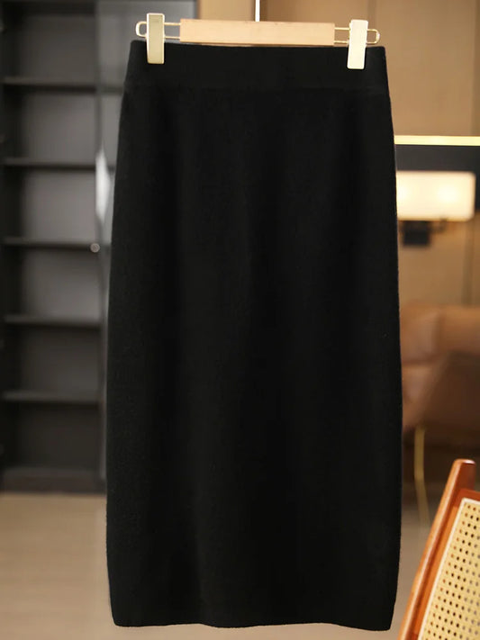 Women Autumn Winter Simplicity Basic 100% Merino Wool Knitted Half-Length Skirt Fashion Solid Soft Comfortable French Style
