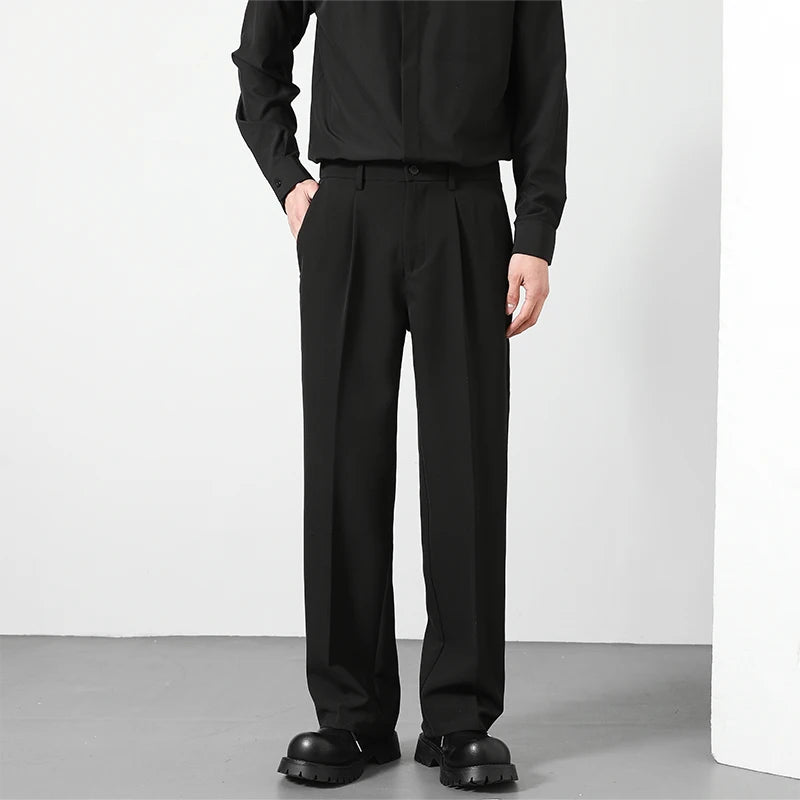 2025 Men's Loose Suit Pants Classic Straight Solid Color Drape Elastic Business Office Worker Casual Trousers Brown Khaki Gray