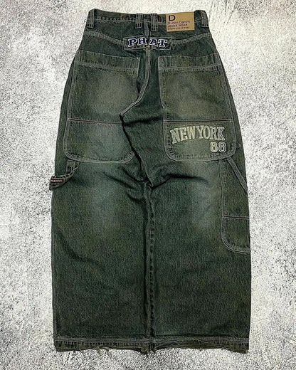 Street Vintage Jeans New Y2K Harajuku Wash Blue Multiple pockets Baggy Jeans Denim Pants Mens Womens High Waist Wide Trousers