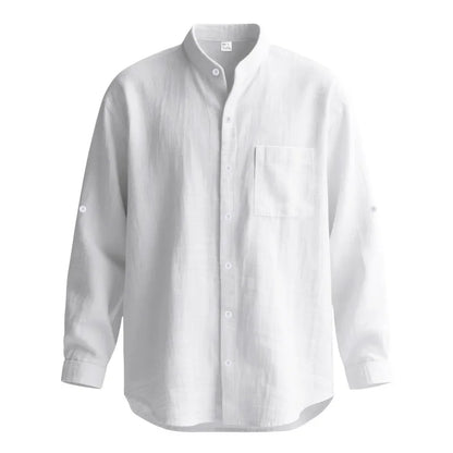 Men White Linen Button Down Long Sleeve Shirt Mandarin Collar Chest Pocket Roll Tab Cuff Loose Oversized Breathable Textured Beach Vacation Casual Holiday Top