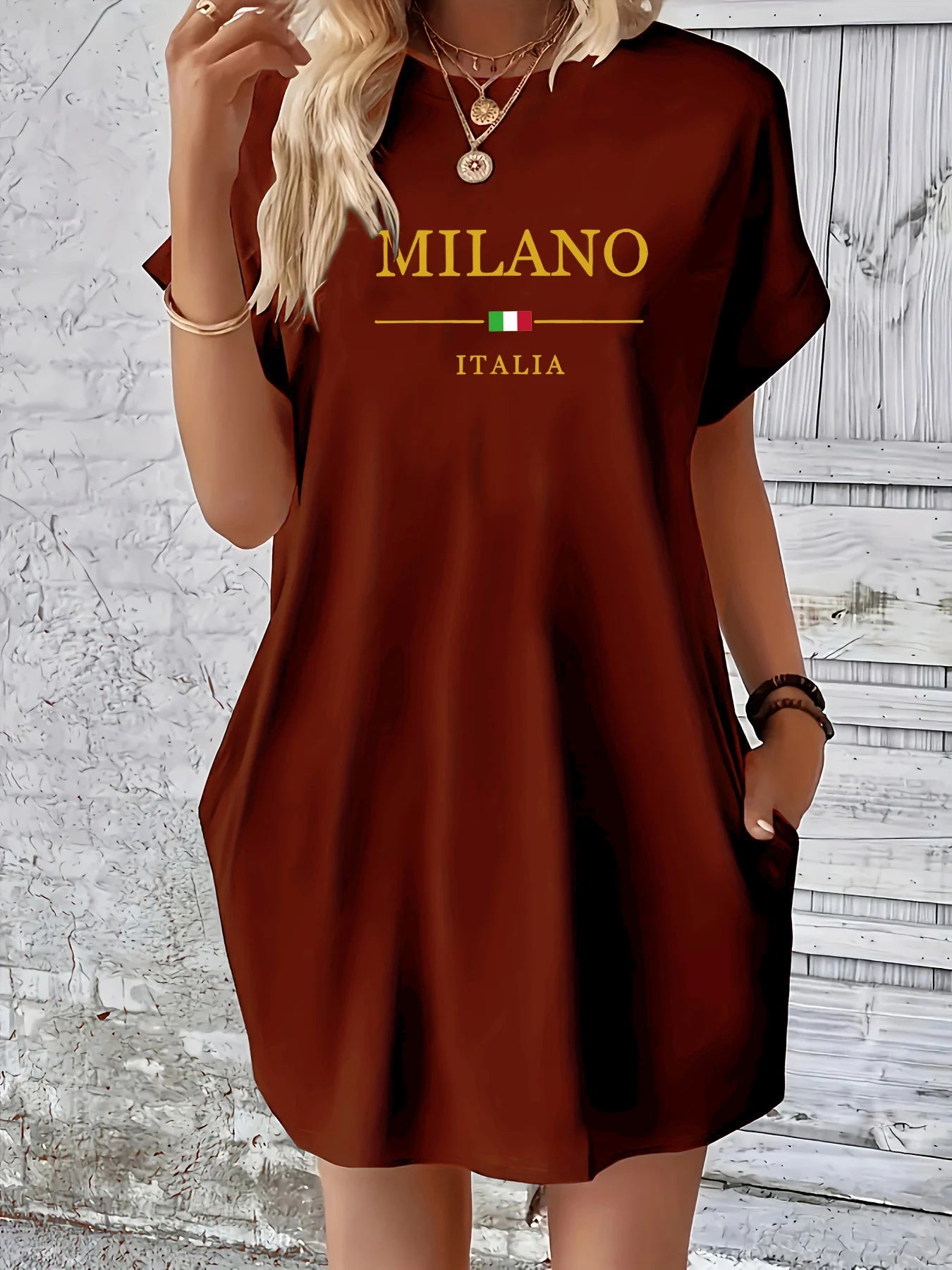 Ladies' summer loose MILANO ITALIA letter pattern printed round neck short sleeved pocket comfortable casual plus size dress