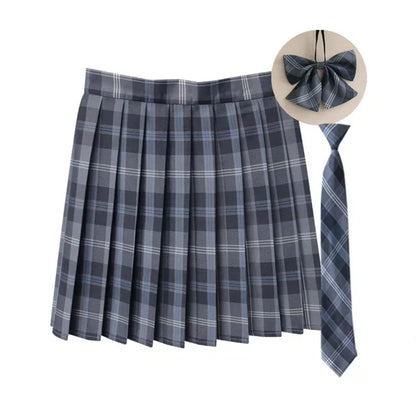 Women Summer Plaid Pleated Skirt With Necktie Bowtie Korean Jk Skirt Uniform Japanese School Preppy A Line Mini Skirts