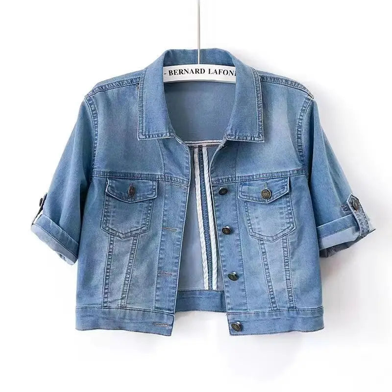 Summer White Short Women Denim Jacket Thin Slim Outerwear Half Sleeve Jeans Jackets Female