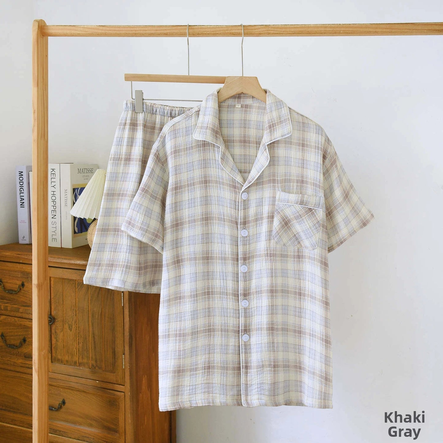 Men's 2-Piece Pajama Set - Plaid Sleepwear, Cotton Gauze Short Sleeve & Shorts, Lightweight & Breathable Relaxed Fit, S