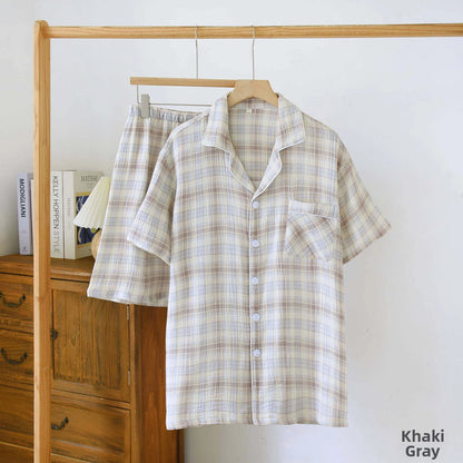 Men's 2-Piece Pajama Set - Plaid Sleepwear, Cotton Gauze Short Sleeve & Shorts, Lightweight & Breathable Relaxed Fit, S