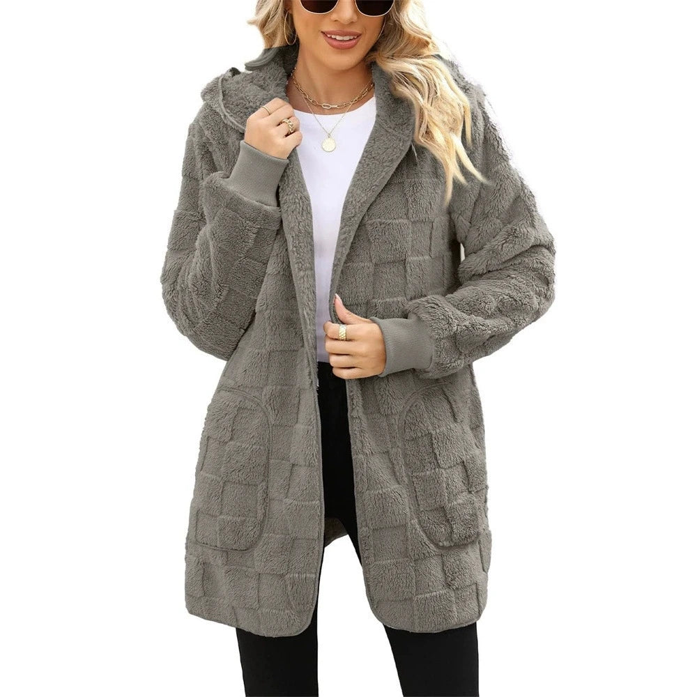 Autumn Winter Women Hooded Plush Velvet Jacket cardigan coats Oversized