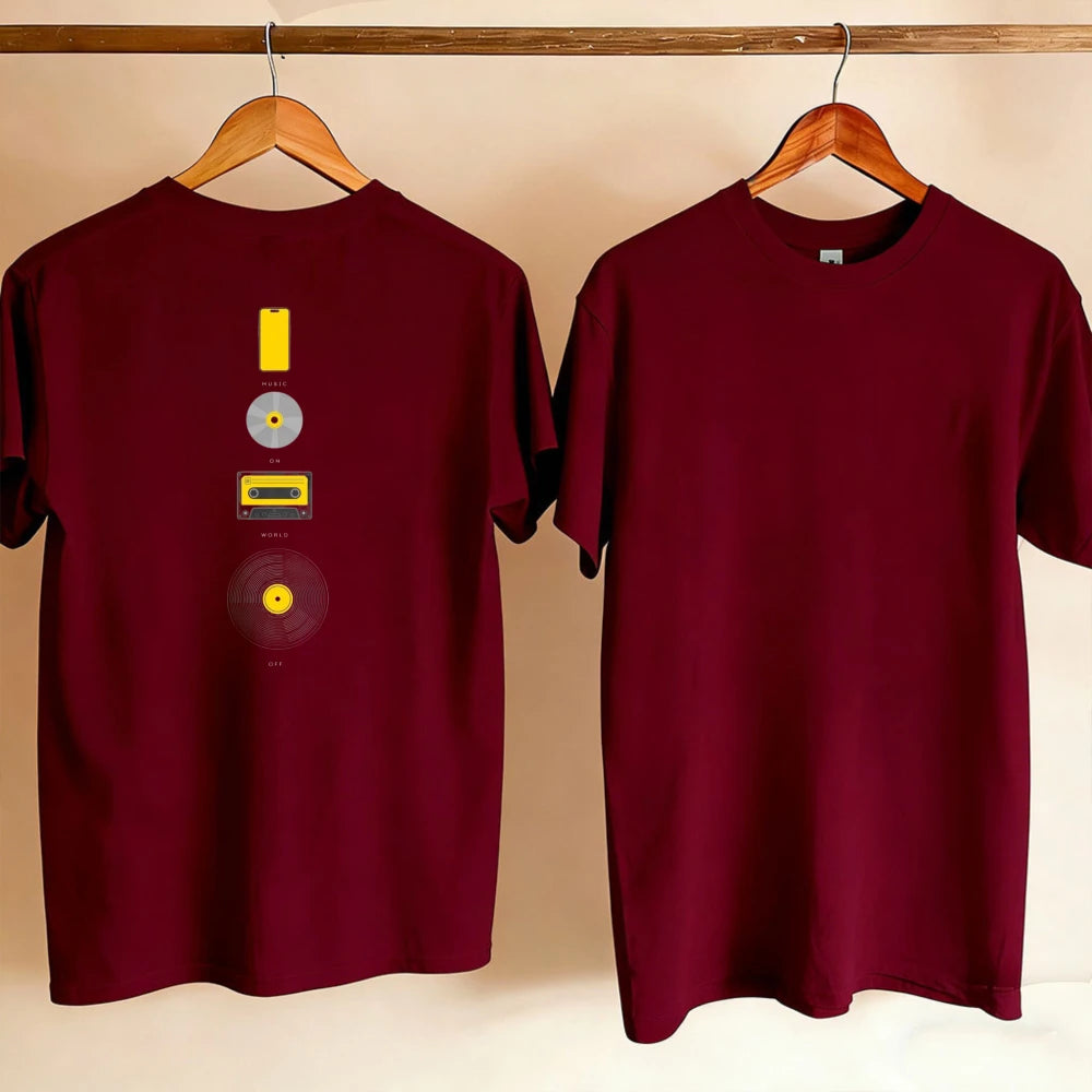 Music Evolution Media Vertical Graphic T-Shirt Men Back Print Cotton Short Sleeve Vinyl Cassette CD Phone Nostalgia Casual Tee