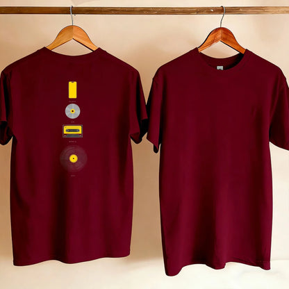 Music Evolution Media Vertical Graphic T-Shirt Men Back Print Cotton Short Sleeve Vinyl Cassette CD Phone Nostalgia Casual Tee