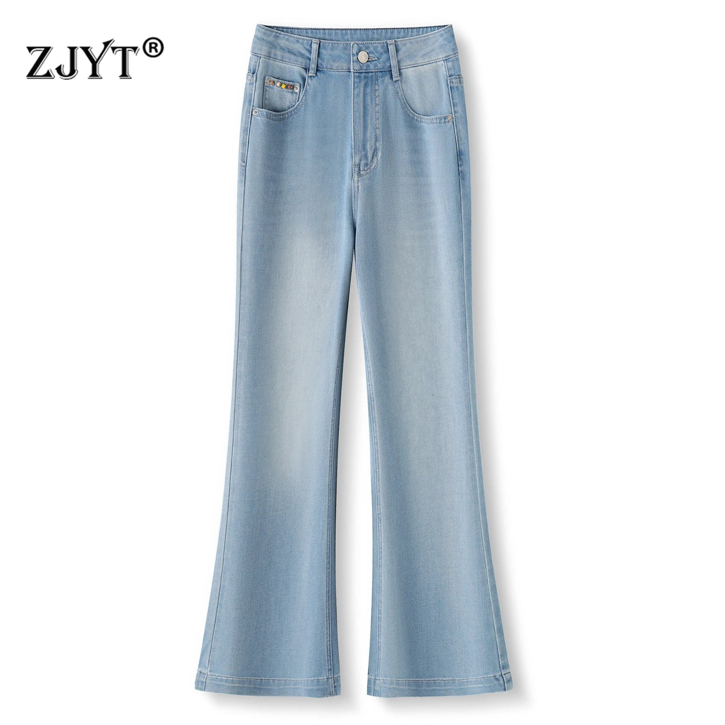 ZJYT Summer Women's Flared Jeans Thin Pants High Street Fashion 2026 New High Waist Casual Blue Denim Trousers Female Bottoms