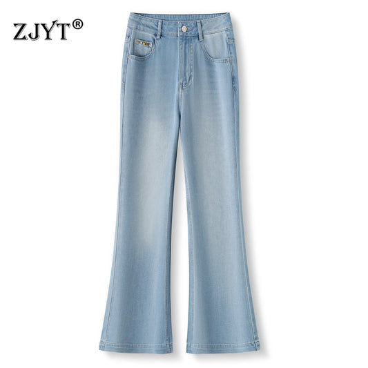 ZJYT Summer Women's Flared Jeans Thin Pants High Street Fashion 2026 New High Waist Casual Blue Denim Trousers Female Bottoms