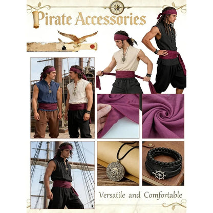 Men's Pirate Costume 8PCS Renaissance Sleeveless Shirt Ankle-Banded Pants Sash Belt & Accessories for LARP Cosplay
