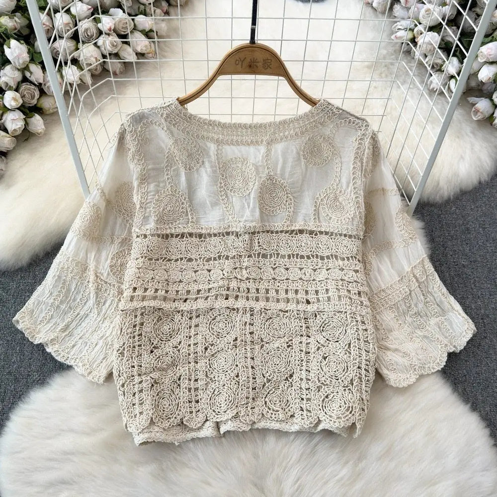 Embroidered Paisley Button-up Shirt Blouse Women's Cropchet Hollow-out Open-stitch Beach Cover-up