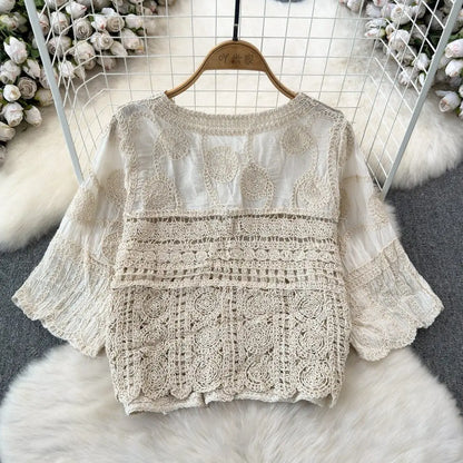 Embroidered Paisley Button-up Shirt Blouse Women's Cropchet Hollow-out Open-stitch Beach Cover-up