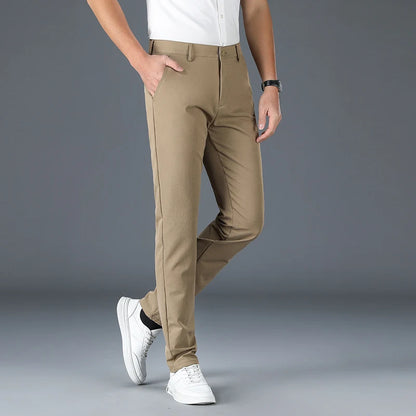 2025 New Men's Business Casual Straight Pants Micro Elastic Burgundy Khaki Black Classic Fashion Brand Four Seasons Trousers
