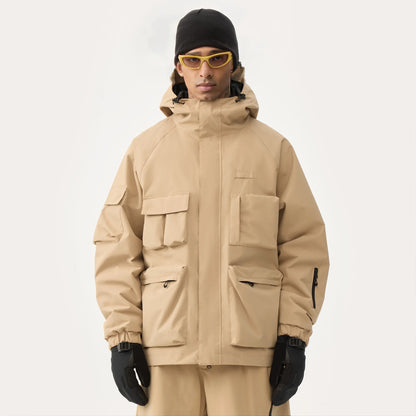 Unisex American Cargo Ski Jacket Loose Multi-Pocket Snow Coat Windproof Waterproof Warm Hooded Snowboard Jacket Men Women Skiing