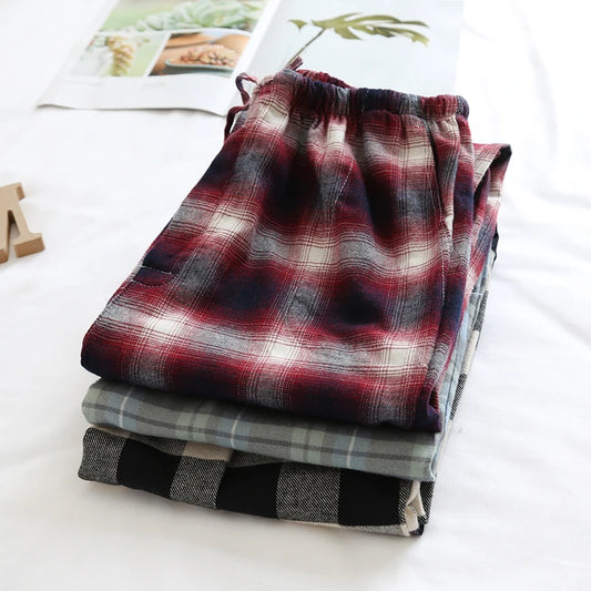 Pajama Pants Men's Flannel Cotton Autumn and Winter Brushed Plaid Long Trousers Warm Home wear Pants
