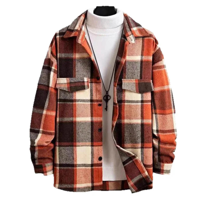 Men's Plaid Flannel Shirt Long Sleeve Button Down Casual Shacket with Flap Pockets Autumn Winter Streetwear Top