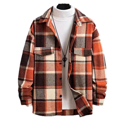 Men's Plaid Flannel Shirt Long Sleeve Button Down Casual Shacket with Flap Pockets Autumn Winter Streetwear Top