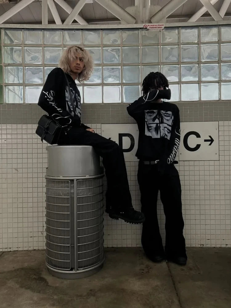 Y2K Harajuku Aesthetics Versatile Tee American Retro Millennium Letter Printed T-shirt Dark Street Punk Long Sleeved Women's Top