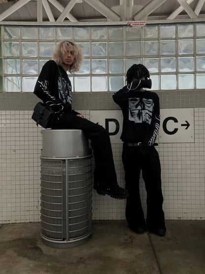 Y2K Harajuku Aesthetics Versatile Tee American Retro Millennium Letter Printed T-shirt Dark Street Punk Long Sleeved Women's Top