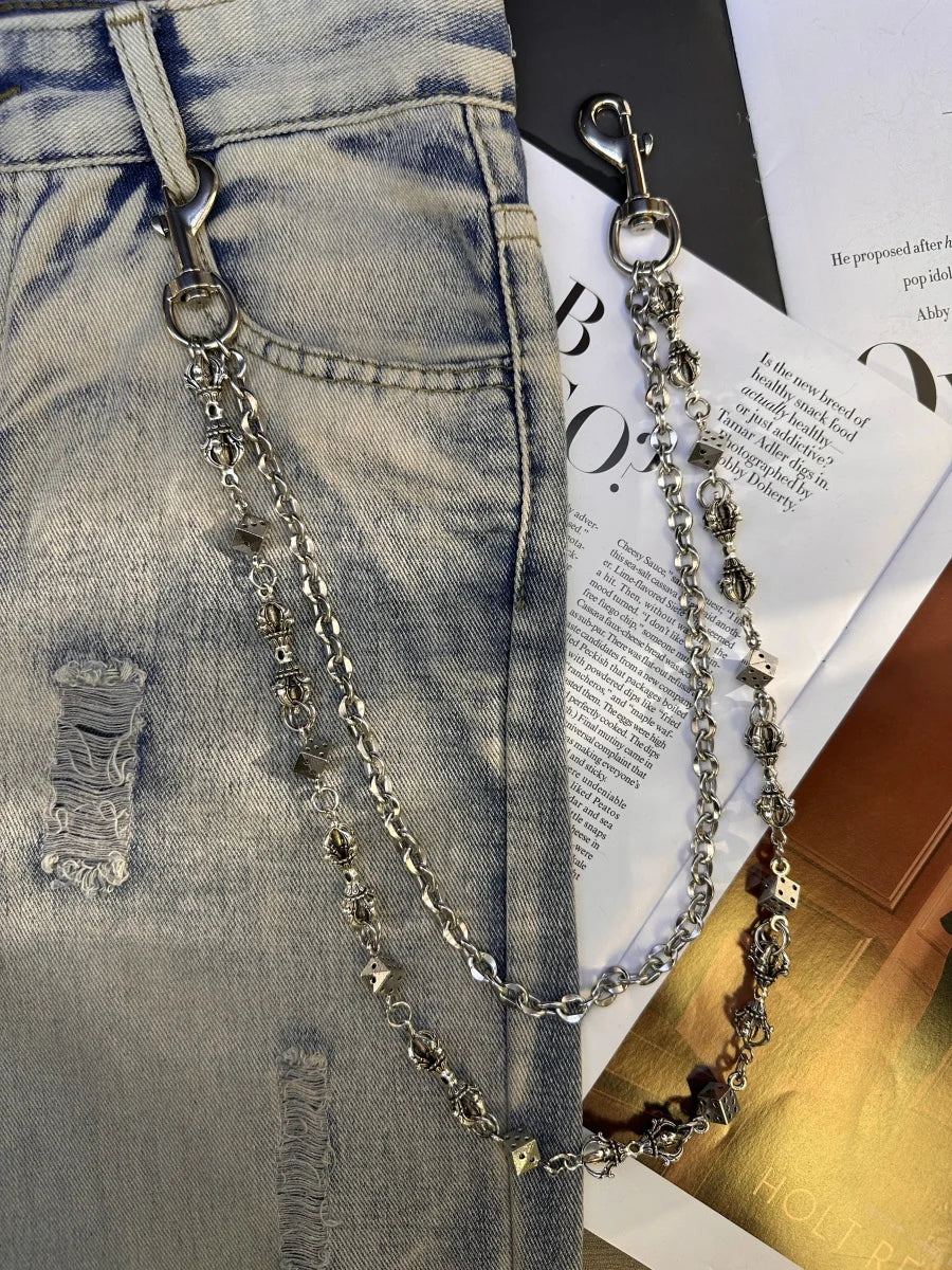 Original DIY Vajra Dice Double-Layer Silvery Chain Pants Fashionable Men And Women Luxury Accessories Y2K Style Punk Hip-Hop
