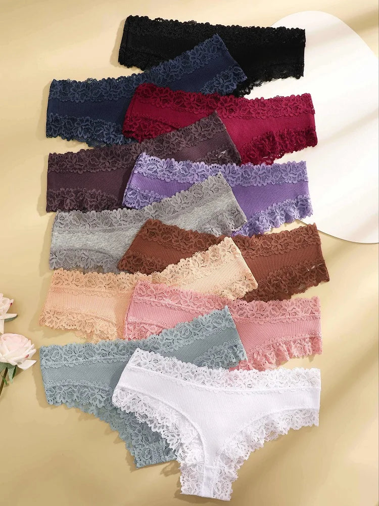 11PCS Women Lace Cotton Panties Seamless Brazilian Panties Sexy Low-Waist T-Back Bikini Female Breathable Underwear Lingerie