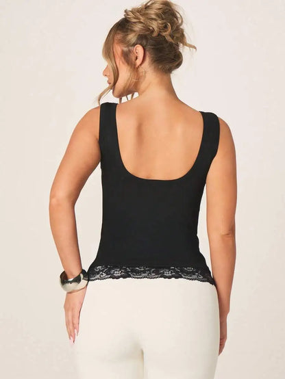 Ribbed Lace Trim Tank Top With Sweetheart Neckline For Layering Casual Summer