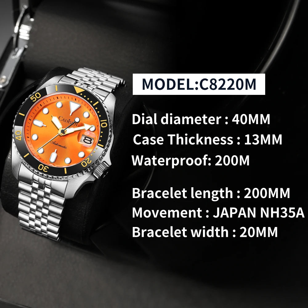 CADISEN 2026 Luminous Men Mechanical Wristwatches Ceramic Bezel Sapphire Glass NYLON Band 200M Waterproof Automatic Watch Men