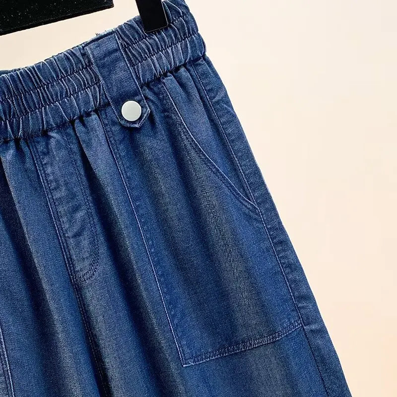 Women Plus Size Lightweight Lyocell Straight Jeans Casual Wide Leg Ninth Pants For Curvy Ladies 0266