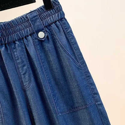 Women Plus Size Lightweight Lyocell Straight Jeans Casual Wide Leg Ninth Pants For Curvy Ladies 0266