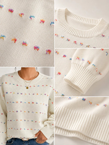 Women Colorful Confetti Dot Knit Sweater, Crew Neck Drop Shoulder Long Balloon Sleeve Loose Casual Pullover Sweater for Fall Winter Daily Streetwear