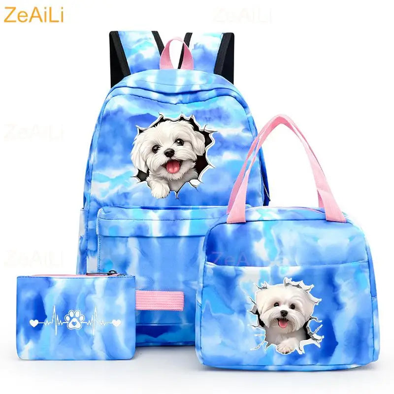 3pcs White Puppy Maltese Dog Colorful Backpack with Lunch Bag for Women Student Teenagers Rucksack Casual School Bags Sets