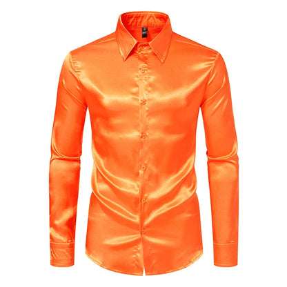 Men's Black Satin Luxury Dress Shirts Fashion Silk Smooth Tuxedo Shirt Solid Wedding Party Prom Casual Shirt Business Office