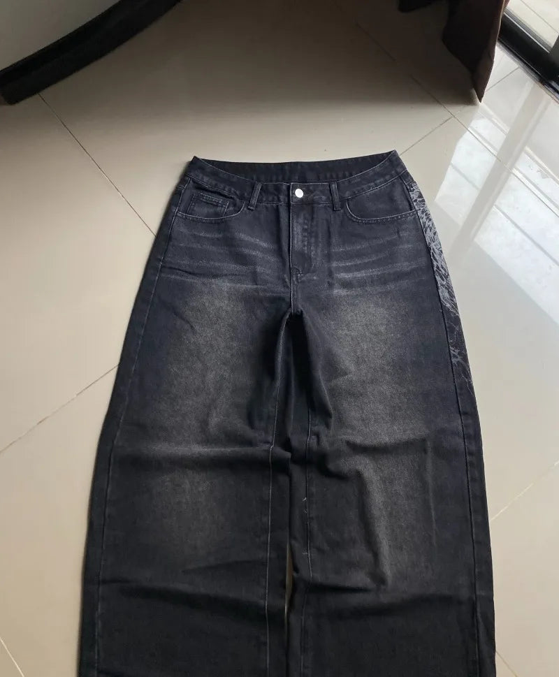 Streetwear New Casual Joker Geometric Print Baggy Jeans Female Y2K Gothic Hip Hop Popular Straight Wide-leg Trousers