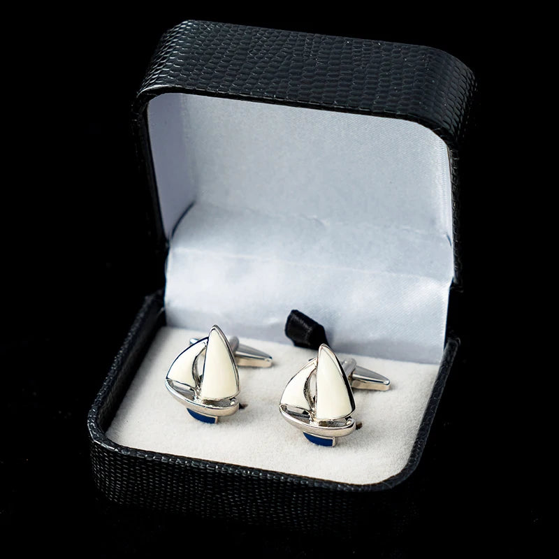 Fashion Sailing Boat Cufflinks Gold Metal Cuff Button White Blue Enamel Jewelry For Men Suit French Shirt Business Groom Gifts