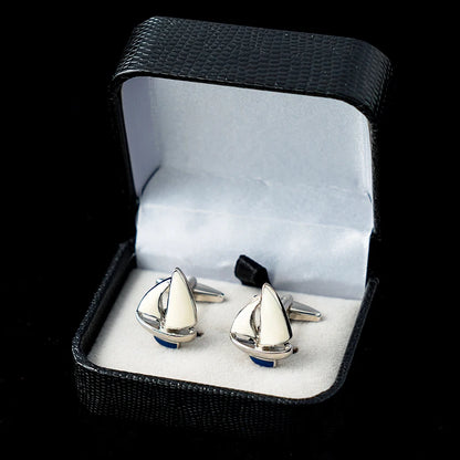 Fashion Sailing Boat Cufflinks Gold Metal Cuff Button White Blue Enamel Jewelry For Men Suit French Shirt Business Groom Gifts